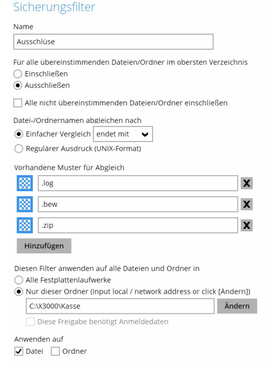 Sicherungsfilter 'Ausschlüsse'